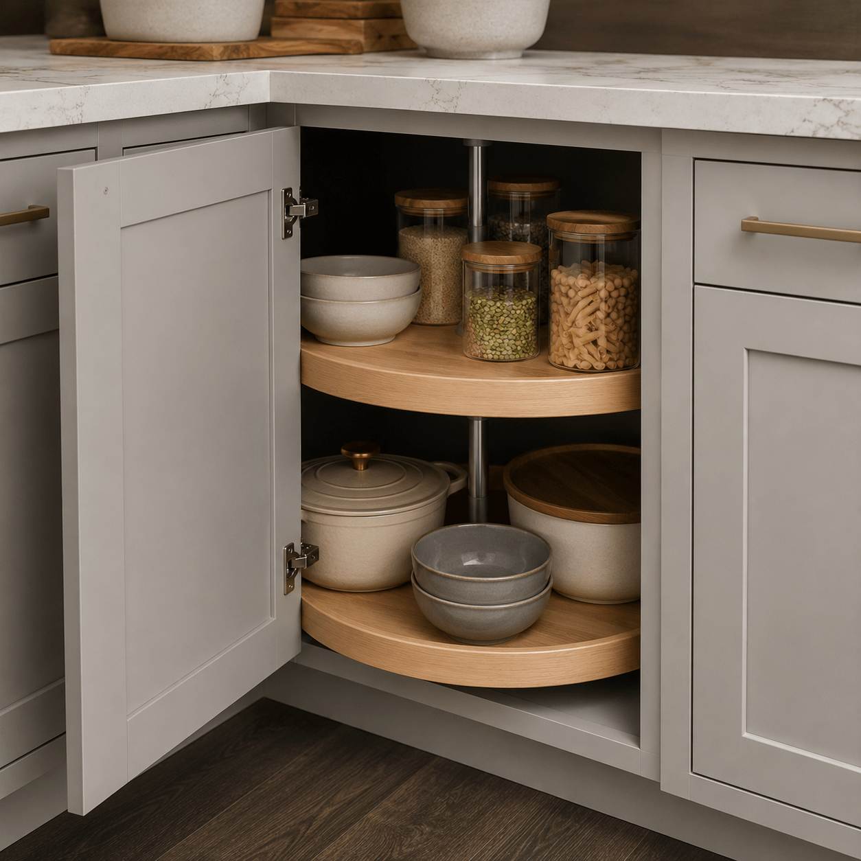 Open corner kitchen cabinet with rotating Lazy Susan shelves holding bowls, jars, and cookware.
