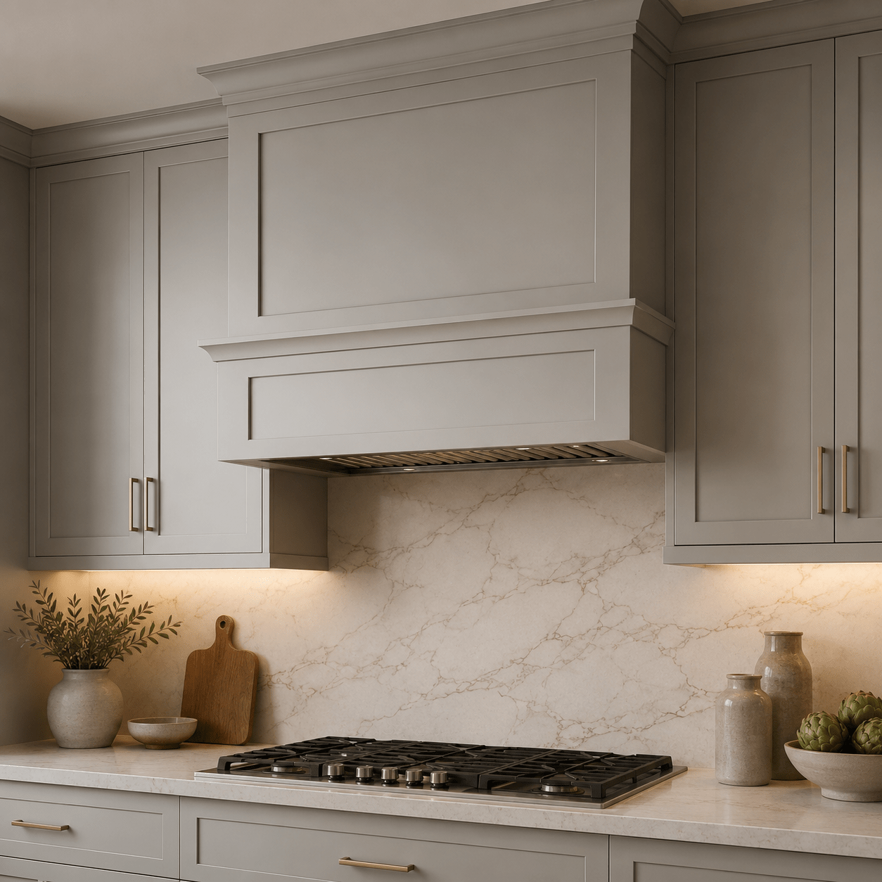 Modern kitchen with custom cabinetry built around a decorative range hood above the stovetop.