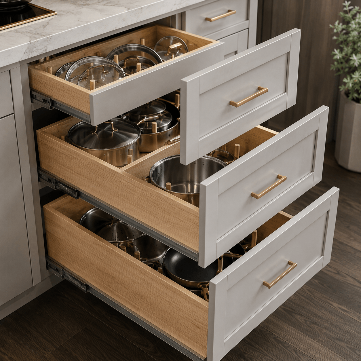 Deep pull-out kitchen cabinet drawers with organized pots, pans, and lids.