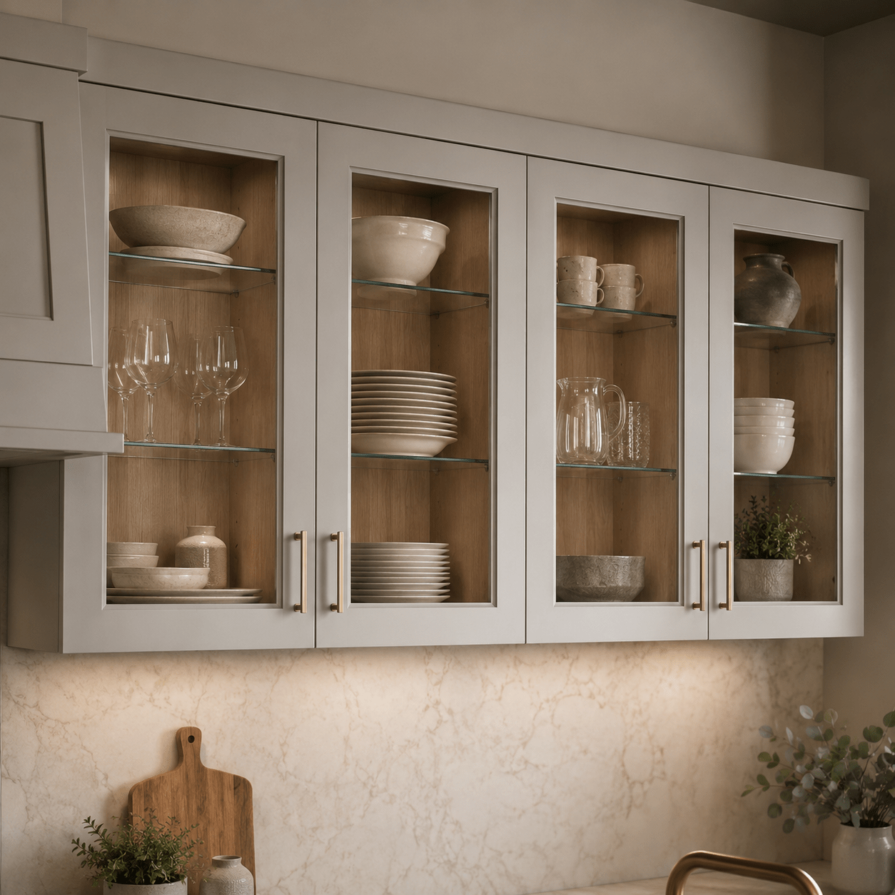 Upper kitchen cabinets with glass-front doors displaying dishes, glassware, and decorative kitchen items.