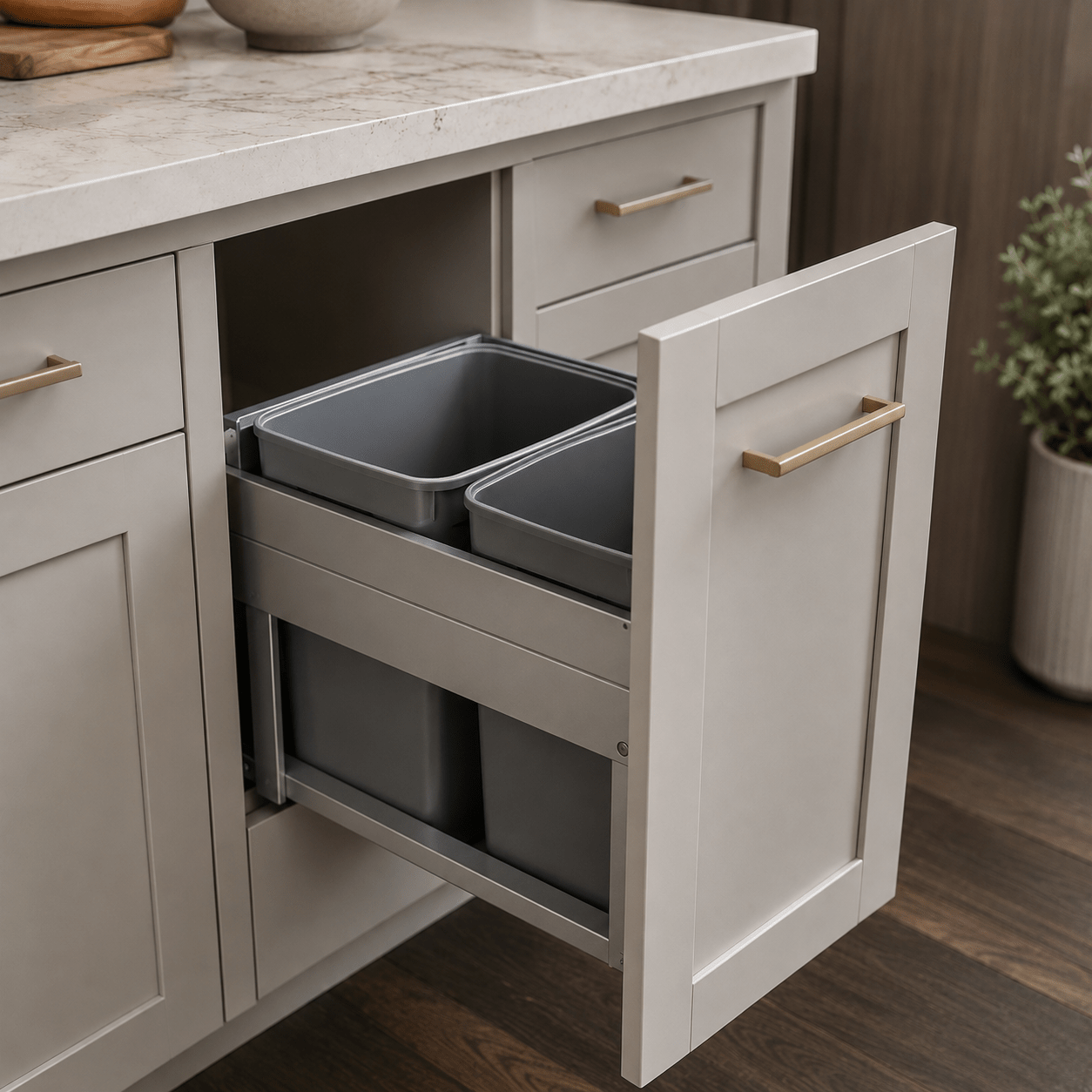 Pull-out kitchen cabinet with built-in bins for hidden trash and recycling storage.