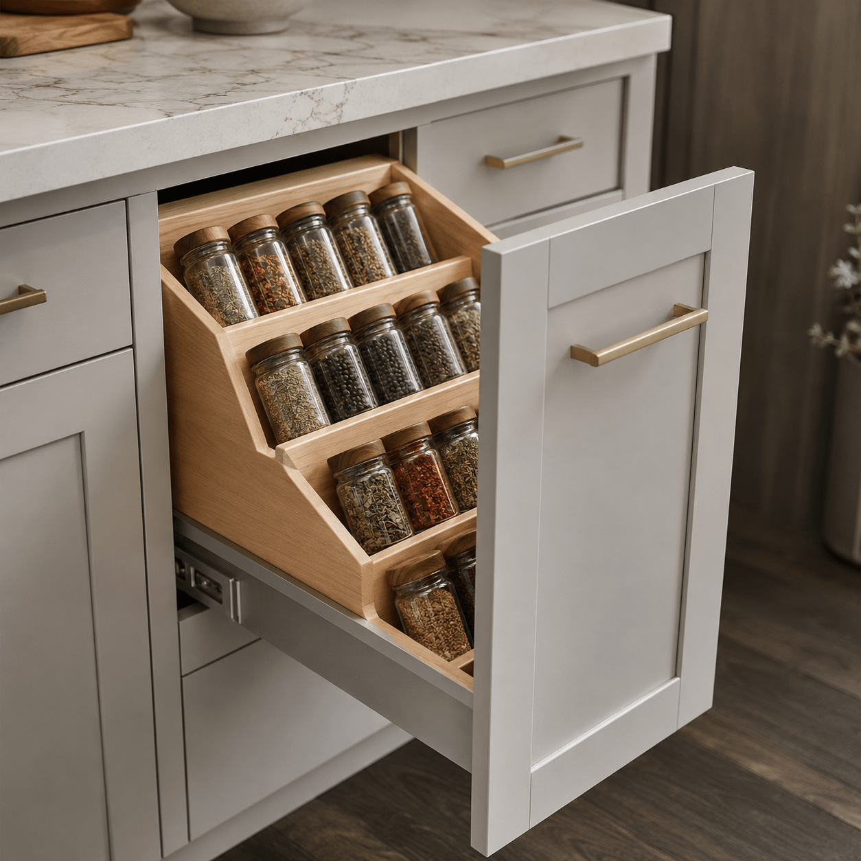 Pull-out kitchen cabinet spice drawer with organized spice jars inside a modern cream cabinet.